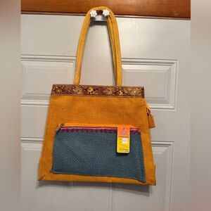 Jute World Handbag NWT Tote with Handles zipper closure Orange Gold Blue